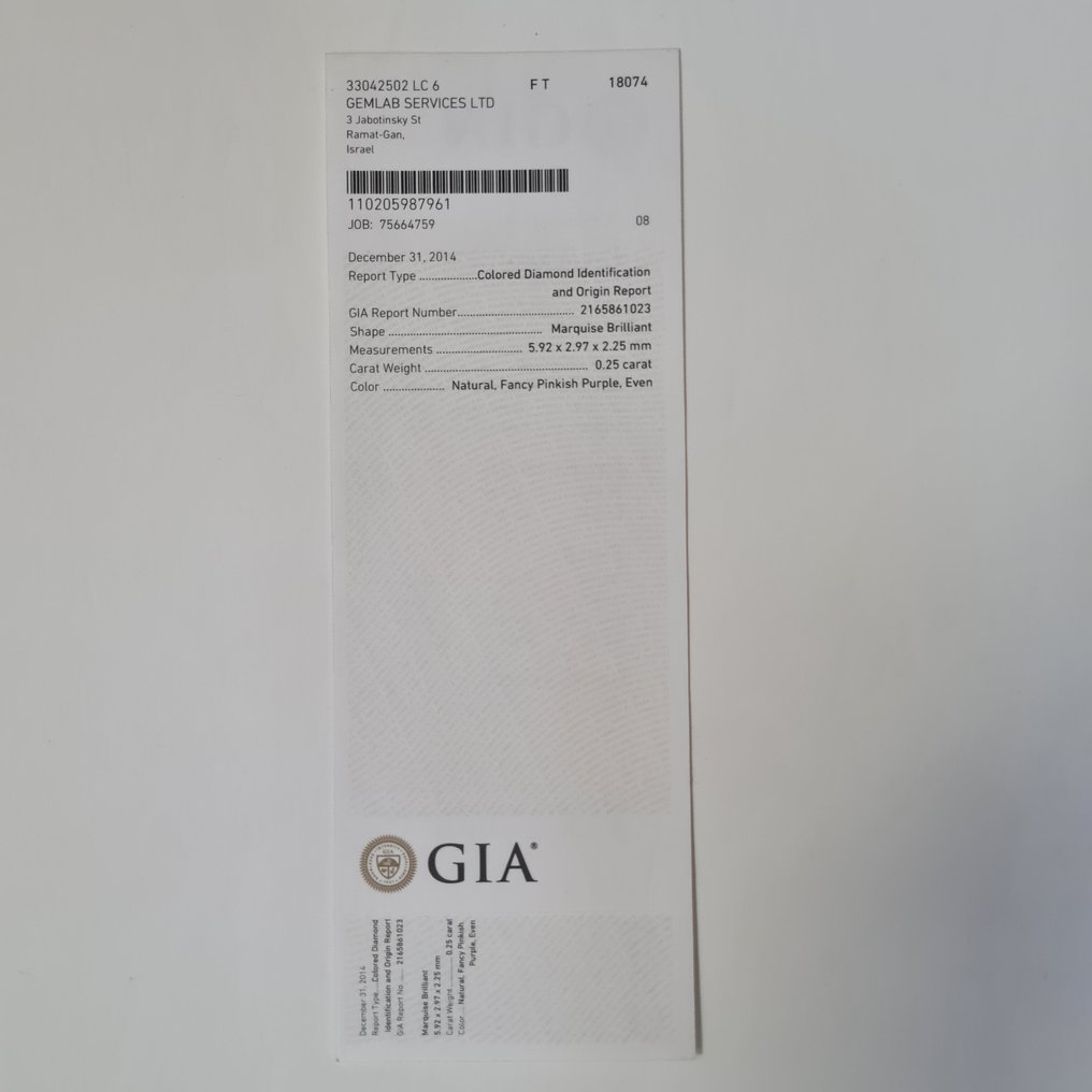 1 pcs 钻石  (天然色彩的)  - 0.25 ct - 榄尖形 - Fancy 稍带桃红色的 紫色 - 实验室报告中未指明 - 美国宝石研究院（GIA） #4.3