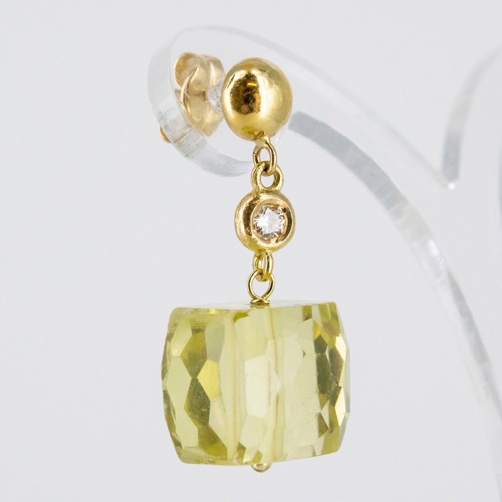 Drop fülbevaló - 18 kt. Sárga arany Quartz - Gyémánt #1.0