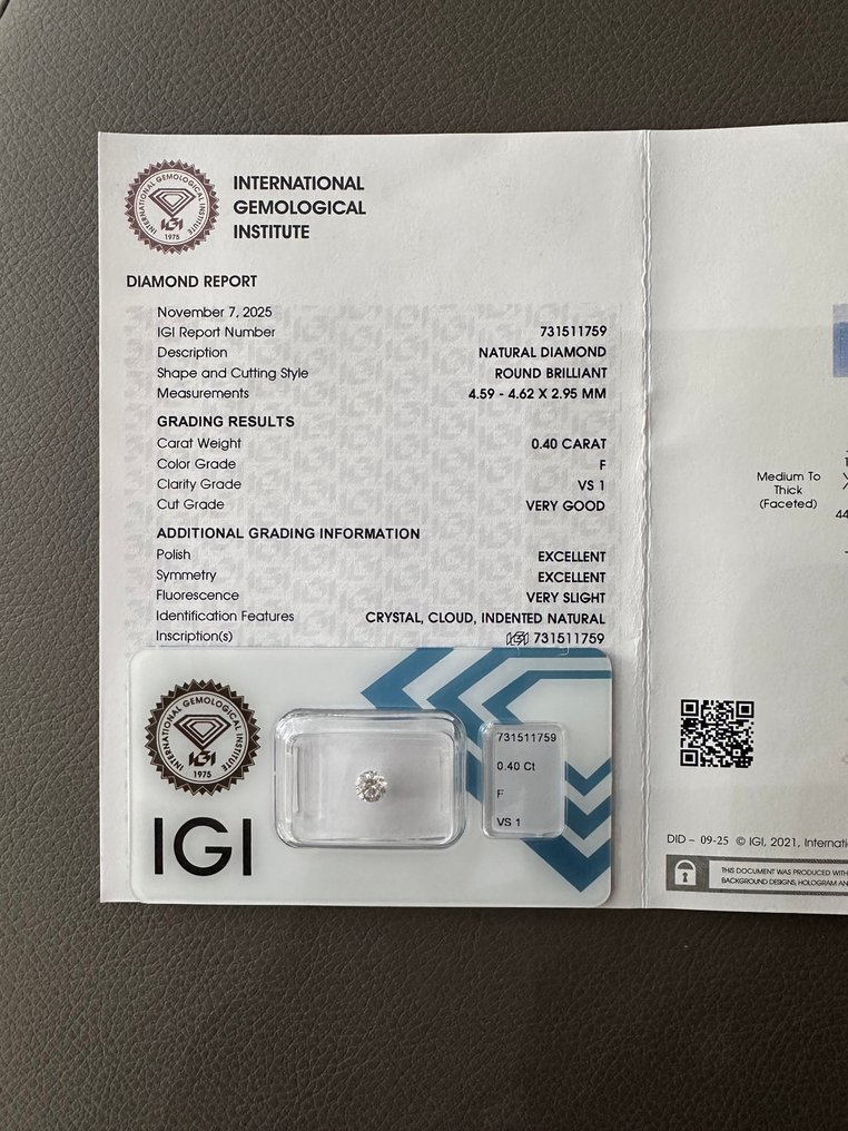 Nincs minimálár - 1 pcs Gyémánt (Természetes) - 0.40 ct - Kerek - F - VS1 - Nemzetközi Gemmológiai Intézet (IGI) #2.1