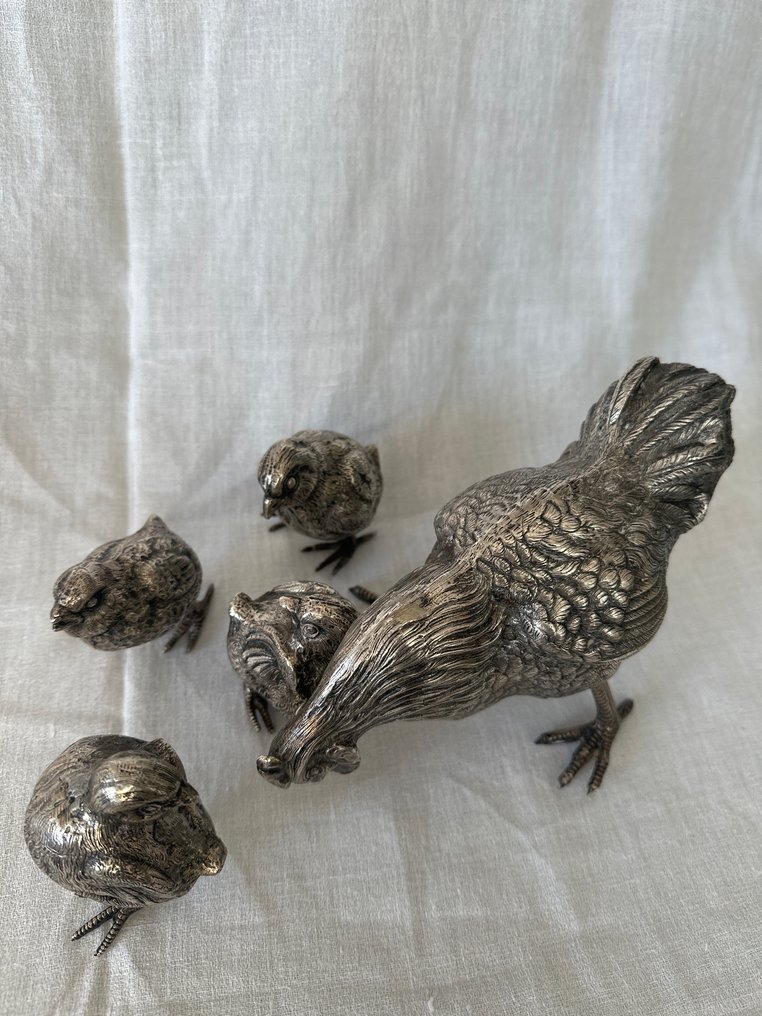Statua, Gallina y polluelos - 12 cm - Placcato argento, Metallo #2.1