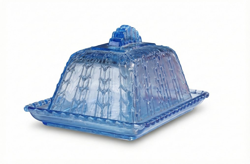 Josef Inwald - Voiastia - Art deco Kaas- boterstolp met bamboe motief in saffierblauw persglas circa 1930. - Lasi #4.3