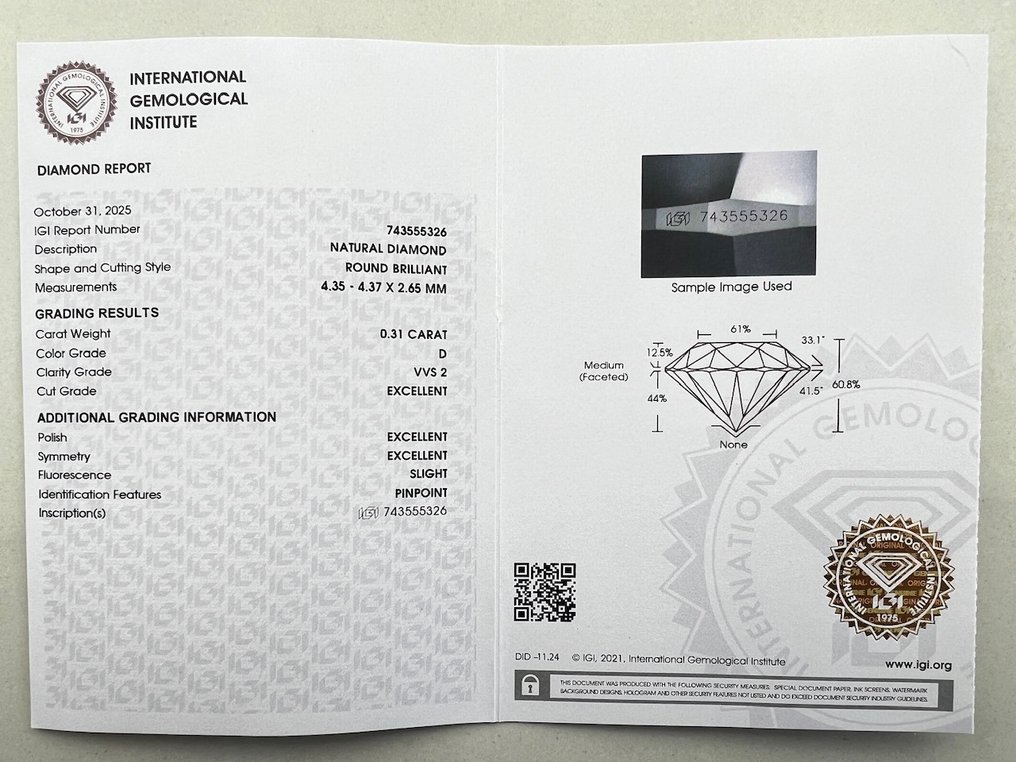 1 pcs Gyémánt (Természetes) - 0.31 ct - Kerek - D (színtelen) - VVS2 - Nemzetközi Gemmológiai Intézet (IGI) #3.2