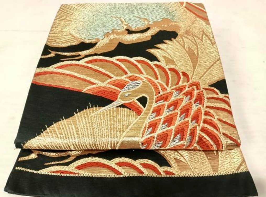 复古日本丸帯 - 金色与红色刺绣鹤图案 - 絲 - 日本 - 20世紀 #1.0