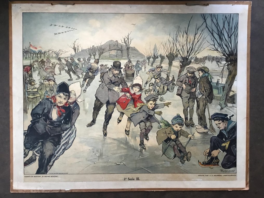 Malmberg. - Παλιά σχολική εικόνα «Χειμερινό τοπίο και παιχνίδι με τον πάγο» - Σχολικός χάρτης - χαρτί πάνω σε χαρτόνι #1.0