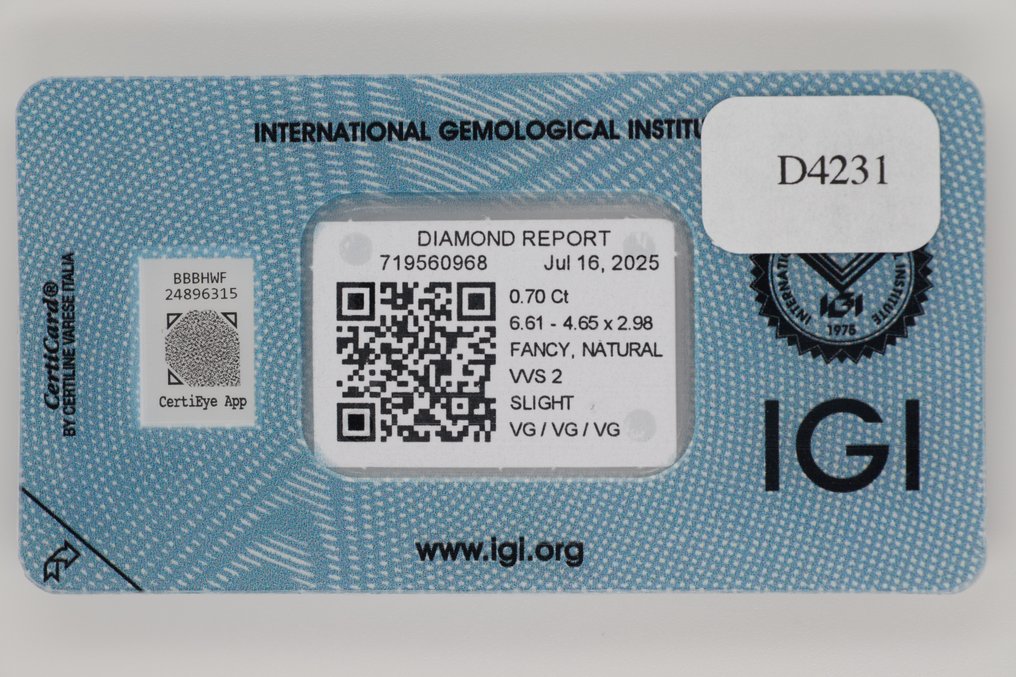 No reserve price - 1 pcs Diamond  (Natural)  - 0.70 ct - Pear - VVS2 - International Gemological Institute (IGI) #3.2