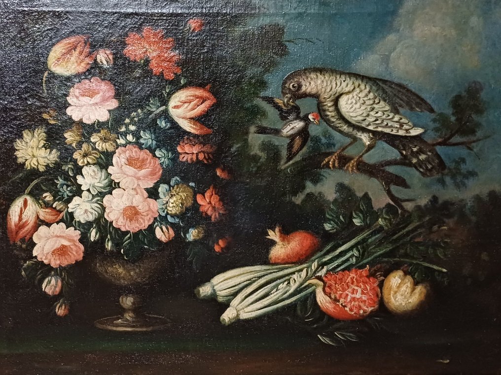 Monogrammista AV (Giuseppe Pesci?) (XVIII), Cerchia di - Natura morta con fiori, frutta e volatili #1.0