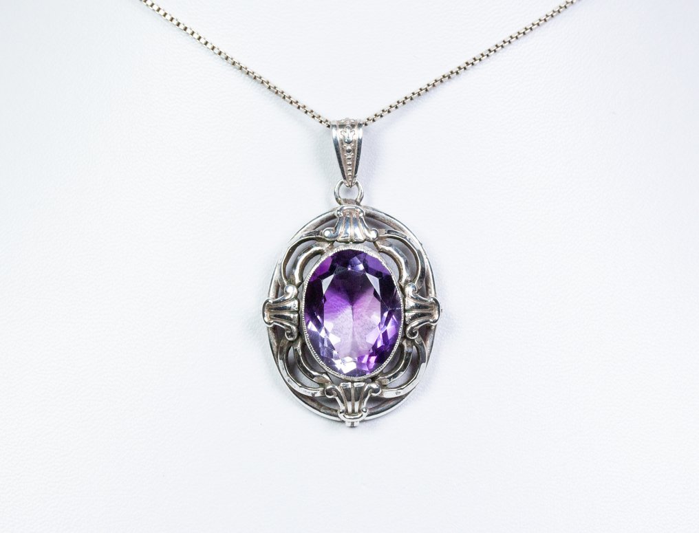 - Jugendstil - minim 800 de argint - 11,00 ct ametist natural - lucrat manual - Colier cu pandantiv #1.0