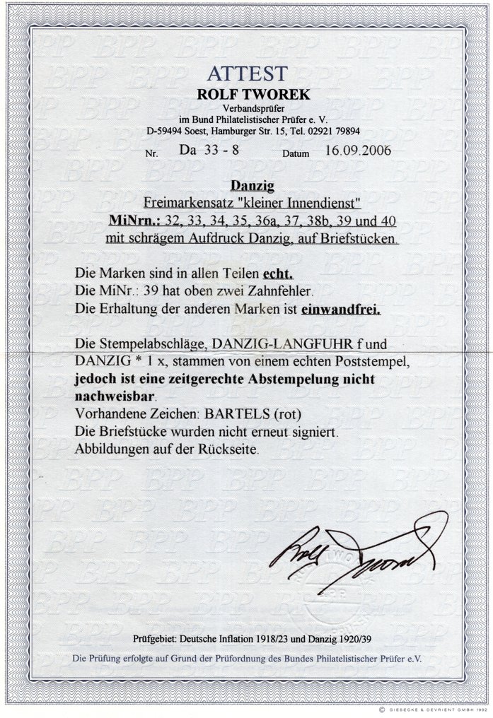 Danzig 1920 - Kleiner Innendienst komplette Ausgabe mit Attest - Michel 32/40 #1.0