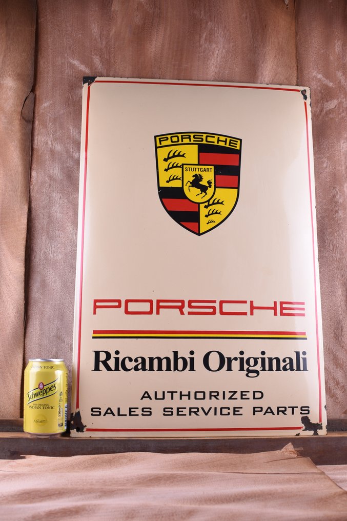 Sign - Porsche - XXL Ricambi Originali; "Authorized Sales, Service, Parts; top quality; unrestored Enamel sign of #1.0