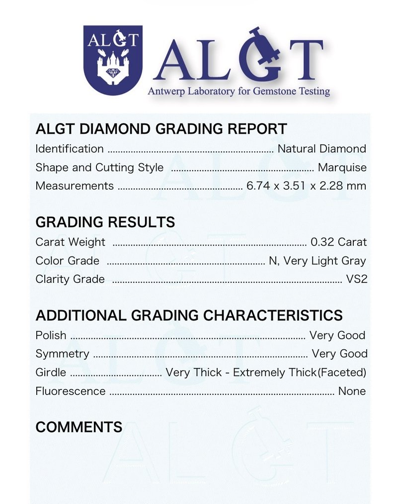 1 pcs 钻石  (天然色彩的)  - 0.32 ct - 榄尖形 - Very light 灰色 - VS2 轻微内含二级 - 安特卫普宝石检测实验室（ALGT） #2.1