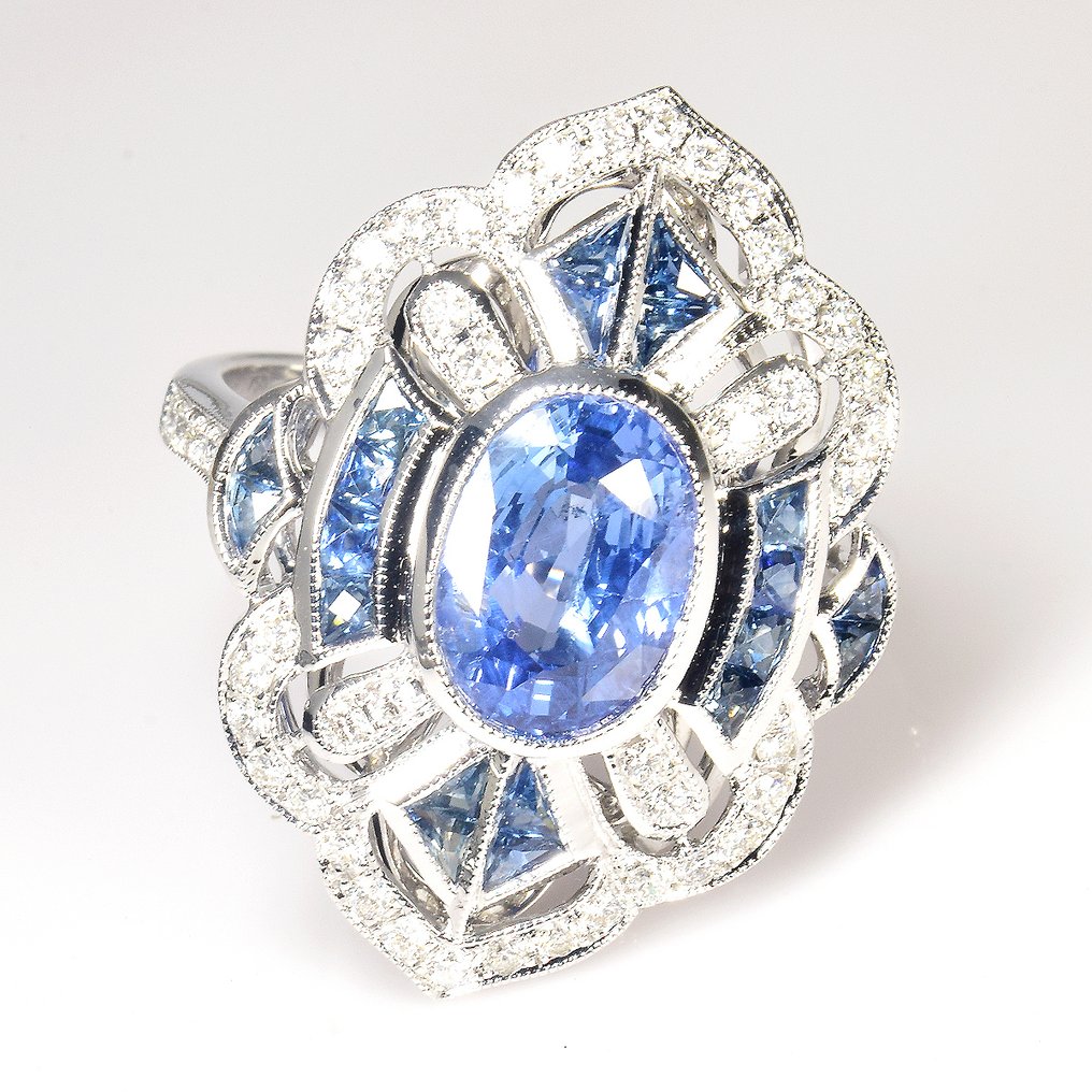 Δαχτυλίδι - 18 καράτια Λευκός χρυσός -  4.09ct. tw. Ζαφείρι - Διαμάντι - Πιστοποιητικό GFCO & GIA #1.0