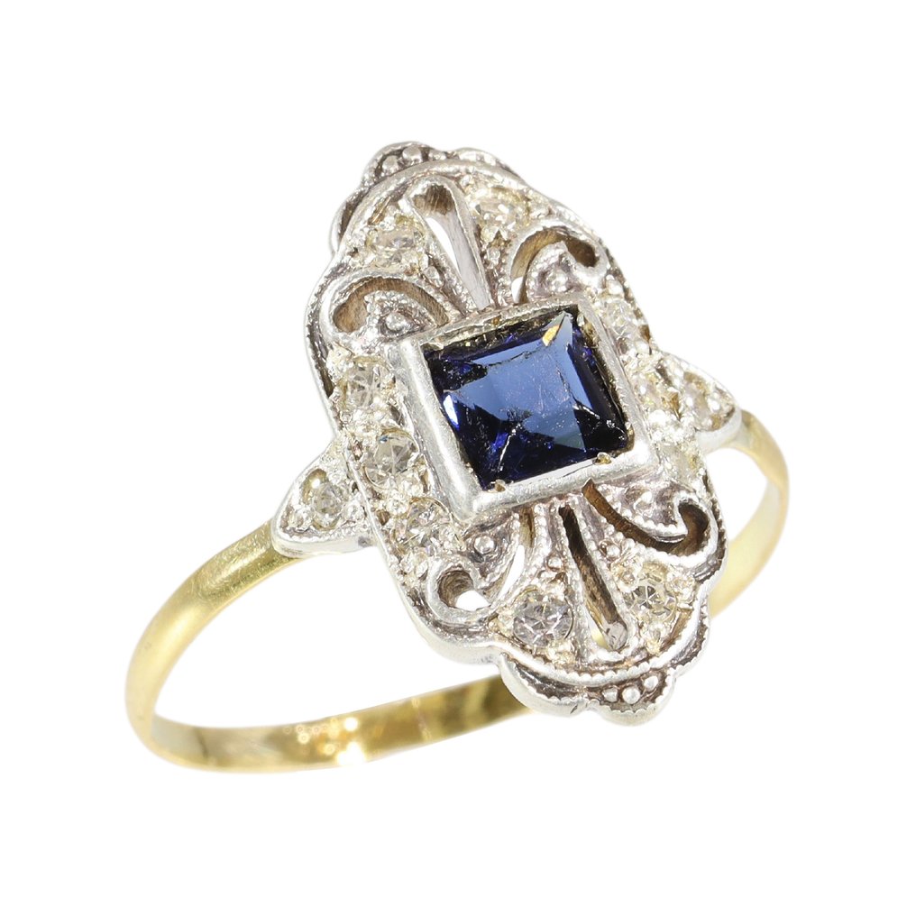 Sans prix de réserve - Bague - 18 carats Or jaune, Or blanc - 0.12ct. tw. Diamant (Naturelle) - Sapphire, Vintage 1940 #1.0