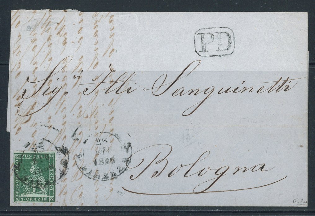 意大利古城邦-托斯卡纳  - 4张绿色在灰色上的第6号，边缘良好，来自佛罗伦萨的信件，日期为1956年12月23日，寄往博洛尼亚。 #1.0