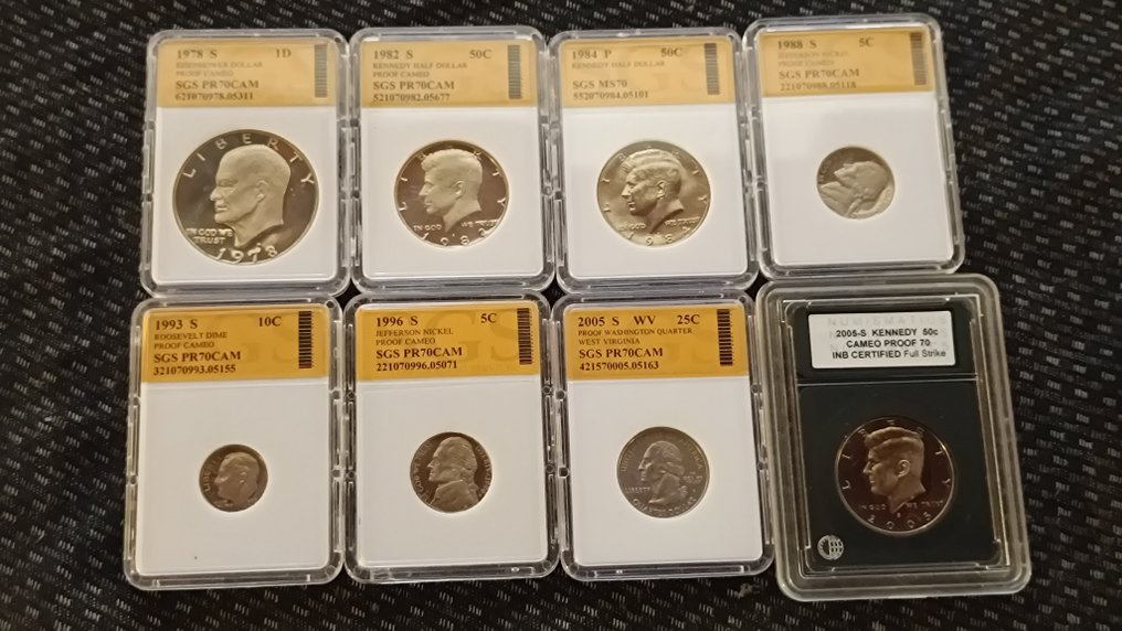 美國. 1 Dollar États-Unis 8 monnaies de 1 Dollar à 25 Cents de 1978 à 2005, Gradée par SGS. PR70CAM PROOF (沒有保留價) #1.0
