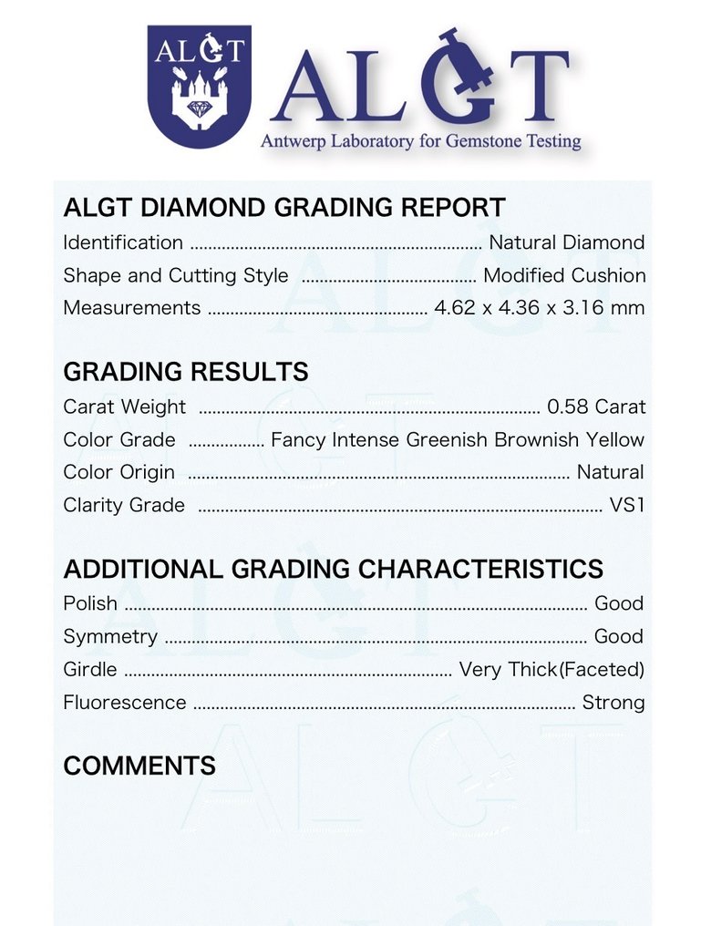1 pcs Diamond (Natural coloured) - 0.58 ct - Cushion - Fancy intense Greenish, Brownish Yellow - VS1 - Antwerp Laboratory for Gemstone Testing (ALGT) #2.1