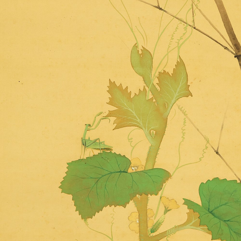 Mantis Perched Upon Cucumber Leaf - with signature 'Shunichi saku' 春一作 and seal 'Shuichi' 春一 - Ιαπωνία (χωρίς τιμή ασφαλείας) #1.0