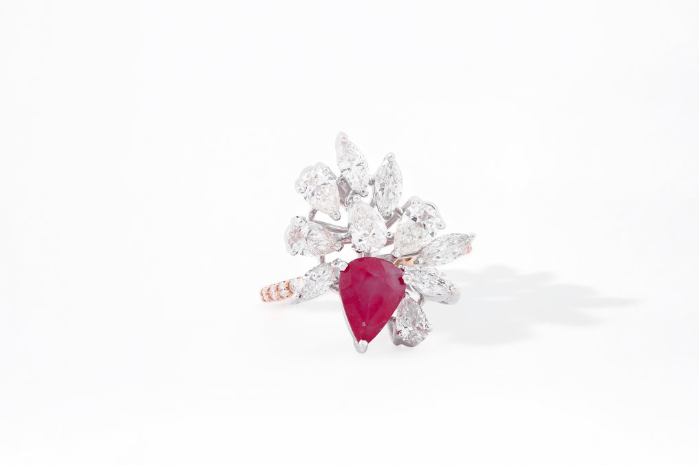 鸡尾酒戒指 - 18K包金 玫瑰金, 白金 - 3.20ct. tw. 红宝石 - 钻石 #1.0