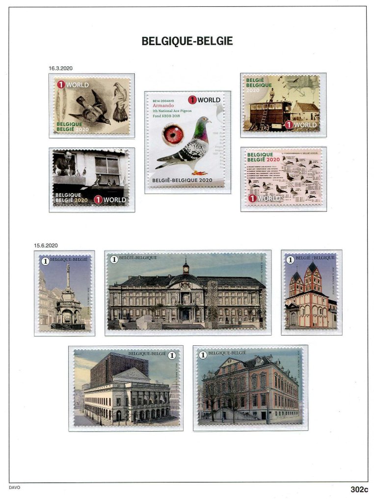 比利時 2020 - 来自块状和册子的邮票，贴在Davo相册页上。 #2.1