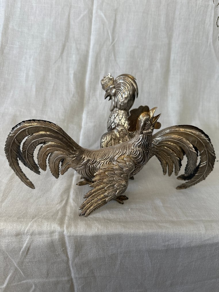塑像, Pareja de gallina y gallo - 18 cm - 金属, 镀银 #1.0