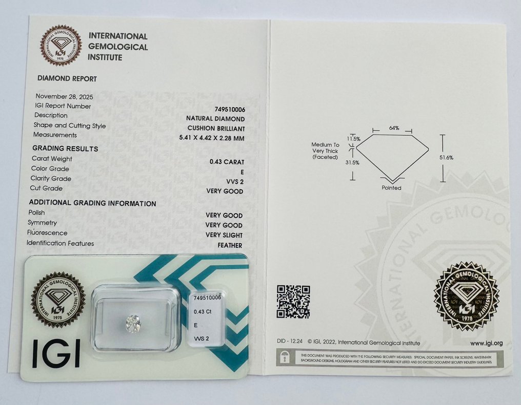 没有保留价 - 1 pcs 钻石 (天然) - 0.43 ct - 枕形 - E - VVS2 极轻微内含二级 - 国际宝石研究院(IGI) - *VG VSL* #2.1