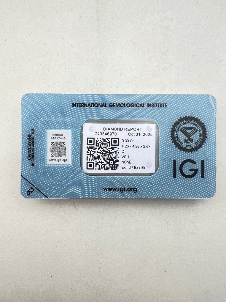 χωρίς τιμή ασφαλείας - 1 pcs Διαμάντι (Φυσικό) - 0.30 ct - Στρογγυλό - D (άχρωμο) - VS1 - International Gemological Institute (IGI) #2.1
