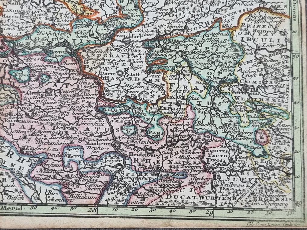 Germani, Reno da Philippsburg a Duisburg - Mappa; Matthäus Seutter (1678/ 1757) - "Synopsis Circuli Rhenani Inferioris Sive Electorum Rheni [...]" - 1721-1750 #2.1