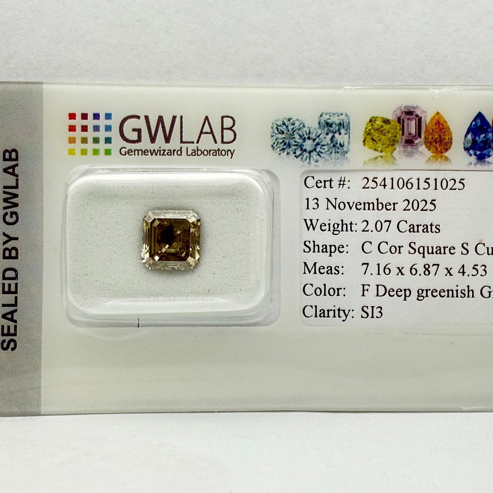 Fără preț de rezervă - 1 pcs Diamant (Colorat natural) - 2.07 ct - Pătrat - Fancy deep verzui Gri - SI3 - GWLab (Laboratorul gemologic Gemewizard) #4.3