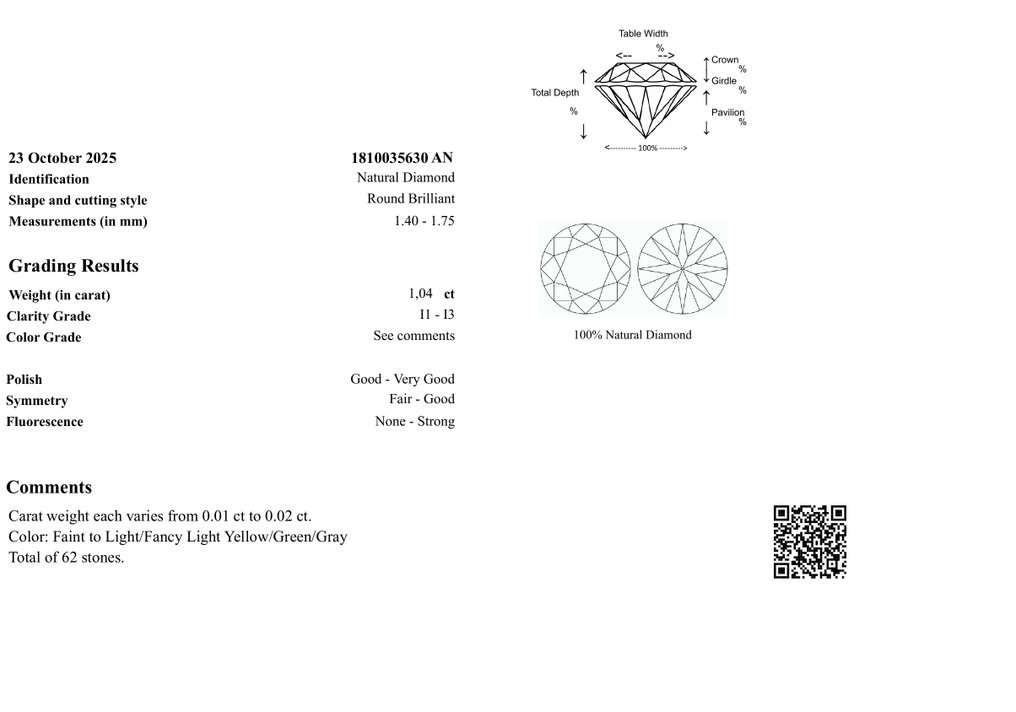 Fără preț de rezervă - 62 pcs Diamant  (Natural)  - 1.04 ct - Rotund - I1, I2, I3 - GRA (Laboratorul de analiză a pietrelor prețioase din Anvers) #3.2