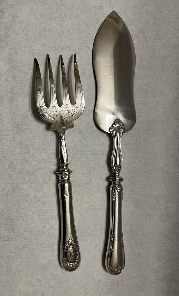 Antieke taartschep en taartvork - Ménagère (2) - Argent, Plaqué(e) argent, Acier #2.1