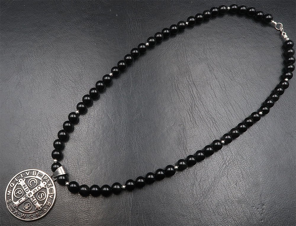 Exorcism: The Seal of Saint Benedict in Obsidian - Clasp, 925 sterling silver beads - Necklace with pendant #4.3