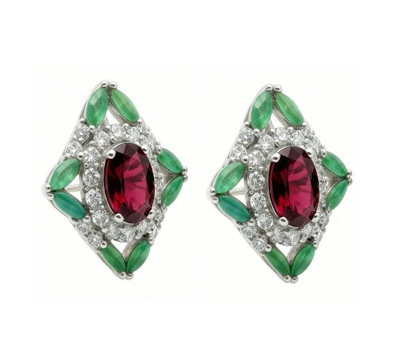 Senza prezzo di riserva - Orecchini Argento, Placcato oro Rodolite - Smeraldo - Zaffiro - 7.40 kt. #1.0