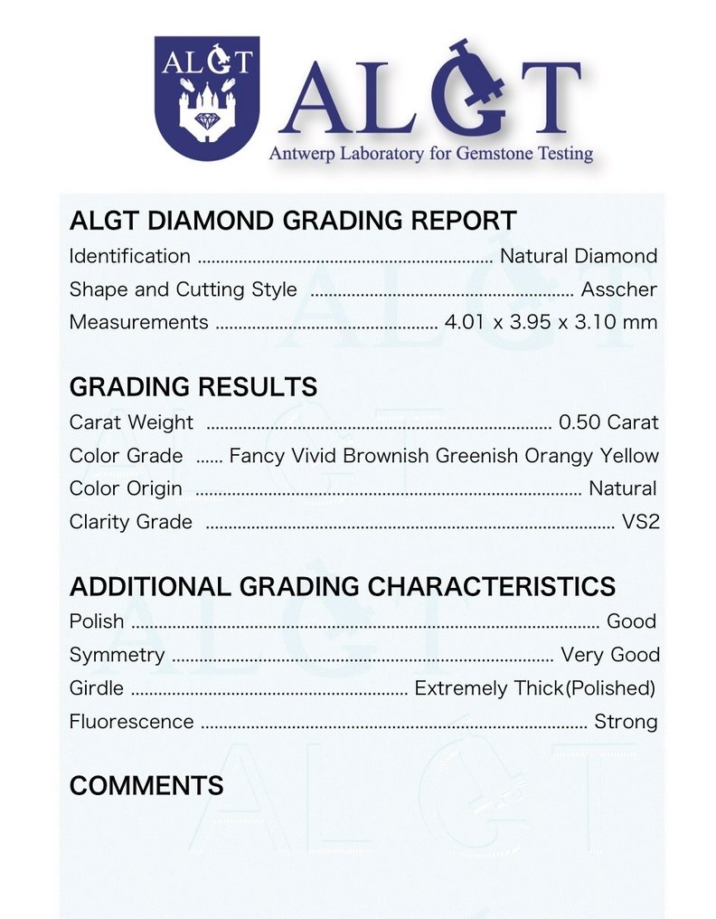1 pcs Διαμάντι (Φυσικού χρώματος) - 0.50 ct - Τετράγωνο - Fancy vivid Καφετί, Πρασινωπό, Απαλό πορτοκαλί Κίτρινο - VS2 - Antwerp Laboratory for Gemstone Testing (ALGT) #2.1