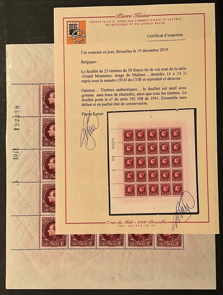 Belgium 1929 - Issuance 'Grote Montenez' - 50fr Pink-Red Wine - IN VELLETJE - OBP F291D - met certificaat #1.0