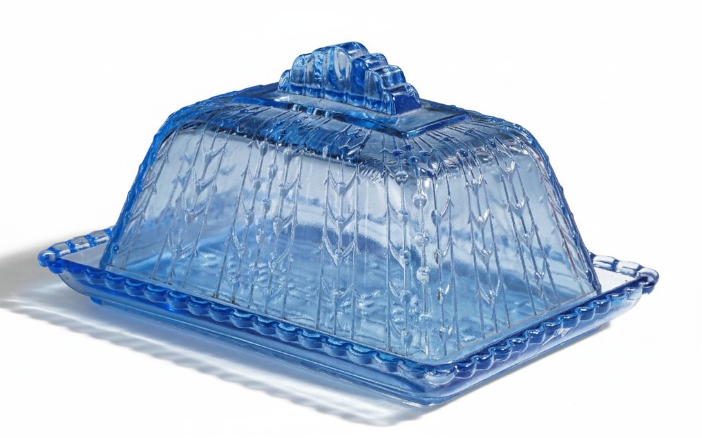 Josef Inwald - Voiastia - Art deco Kaas- boterstolp met bamboe motief in saffierblauw persglas circa 1930. - Lasi #1.0