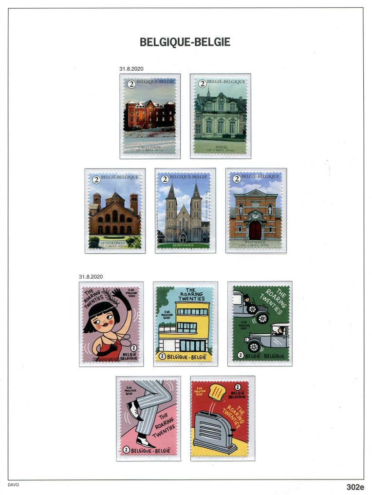 比利時 2020 - 来自块状和册子的邮票，贴在Davo相册页上。 #4.3