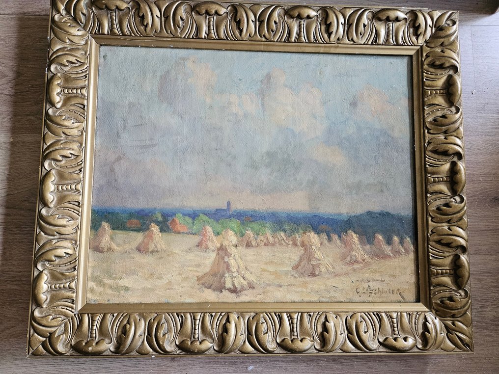 C. E. Schlüter (1886-1973) - Schitterend impressionistisch Hollands landschap met korenschoven en de kerktoren van Hilversum #1.0