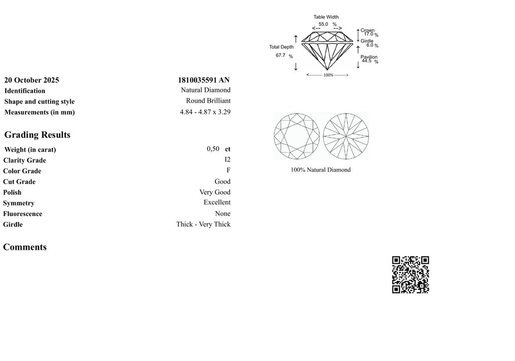 Senza prezzo di riserva - 1 pcs Diamante  (Naturale)  - 0.50 ct - Rotondo - I2 - Gem Report Antwerp (GRA) #3.2