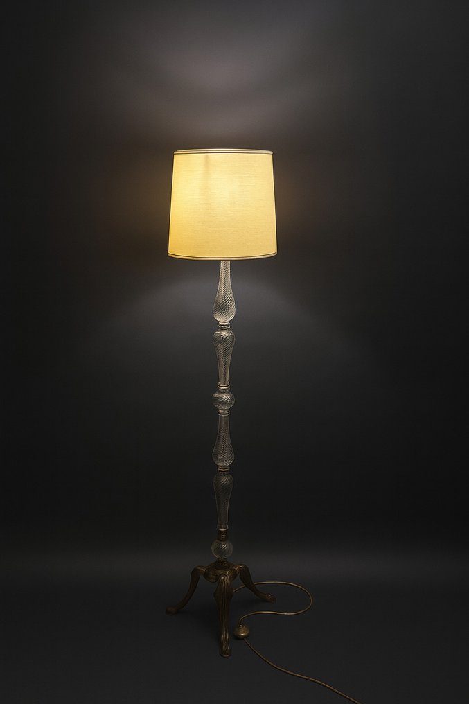 Rare Italian floor lamp in twisted molded glass - Lámpara de pie - Cristal de Murano - Base de trípode de bronce #2.1