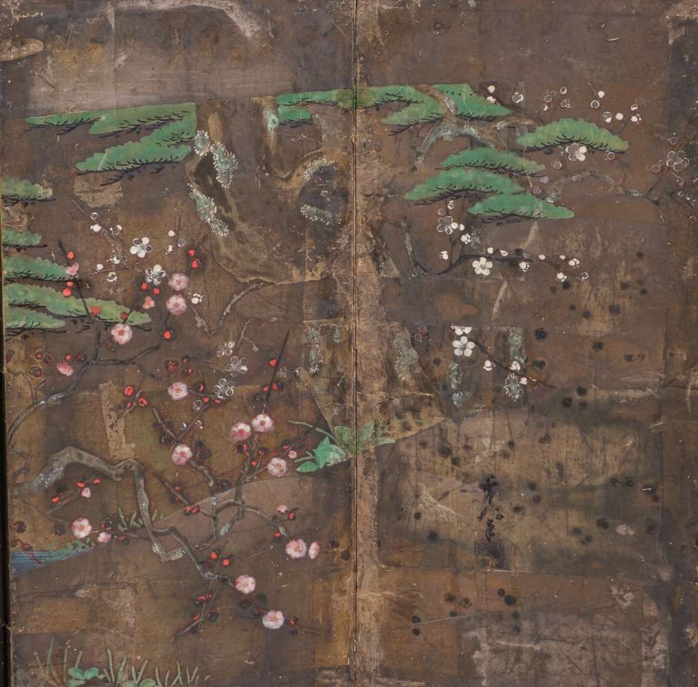 Hina’byôbu 雛屏風 (schermo pieghevole del festival delle bambole) - Carta, foglia d'argento, legno laccato. - Giappone - La seconda metà del periodo Edo (dal XVIII secolo alla prima metà del XIX secolo). #1.0