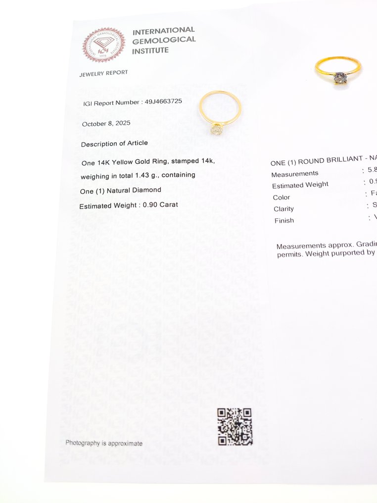 Sans prix de réserve - Bague - 14 carats Or jaune - 0.90ct. tw. Diamant (Couleur naturelle) - Certificat IGI #4.3