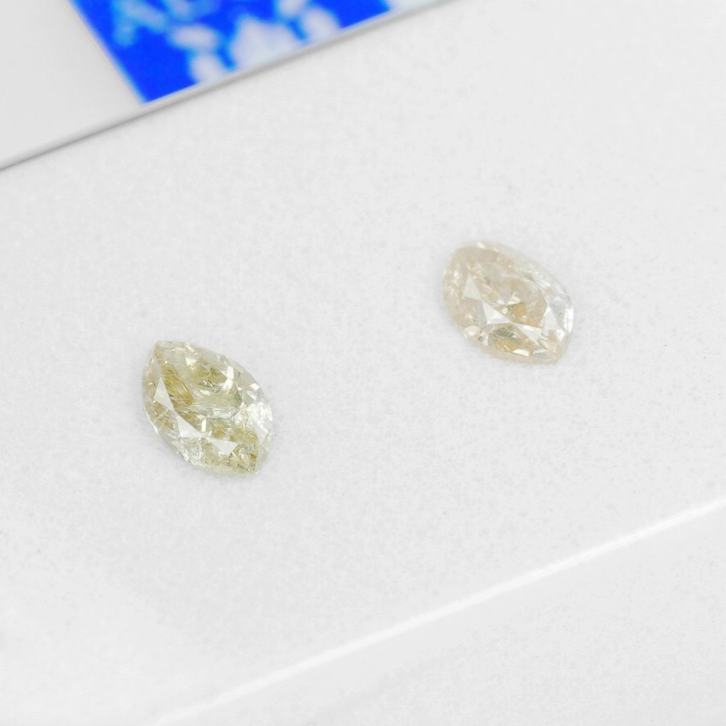 Senza prezzo di riserva - 2 pcs Diamante (Colorato naturale) - 0.22 ct - Marquise - Fancy Giallognolo, Marroncino Marrone, Giallo - I2, I3 - Antwerp Laboratory for Gemstone Testing (ALGT) #1.0