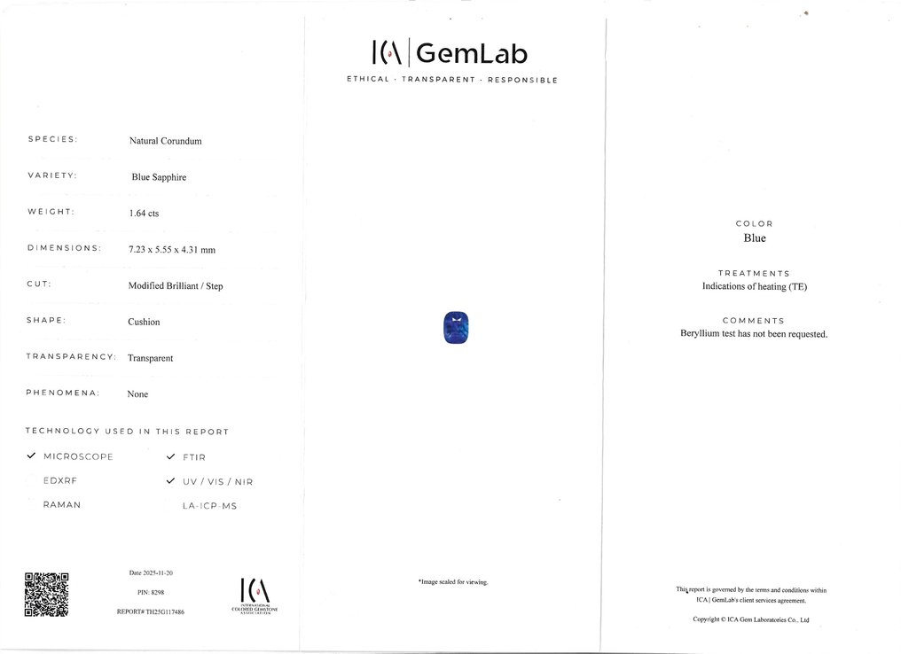 1 pcs  Μπλε Ζαφείρι  - 1.64 ct - Διεθνής Ένωση Έγχρωμων Πολύτιμων Λίθων (ICA GemLab) #4.3