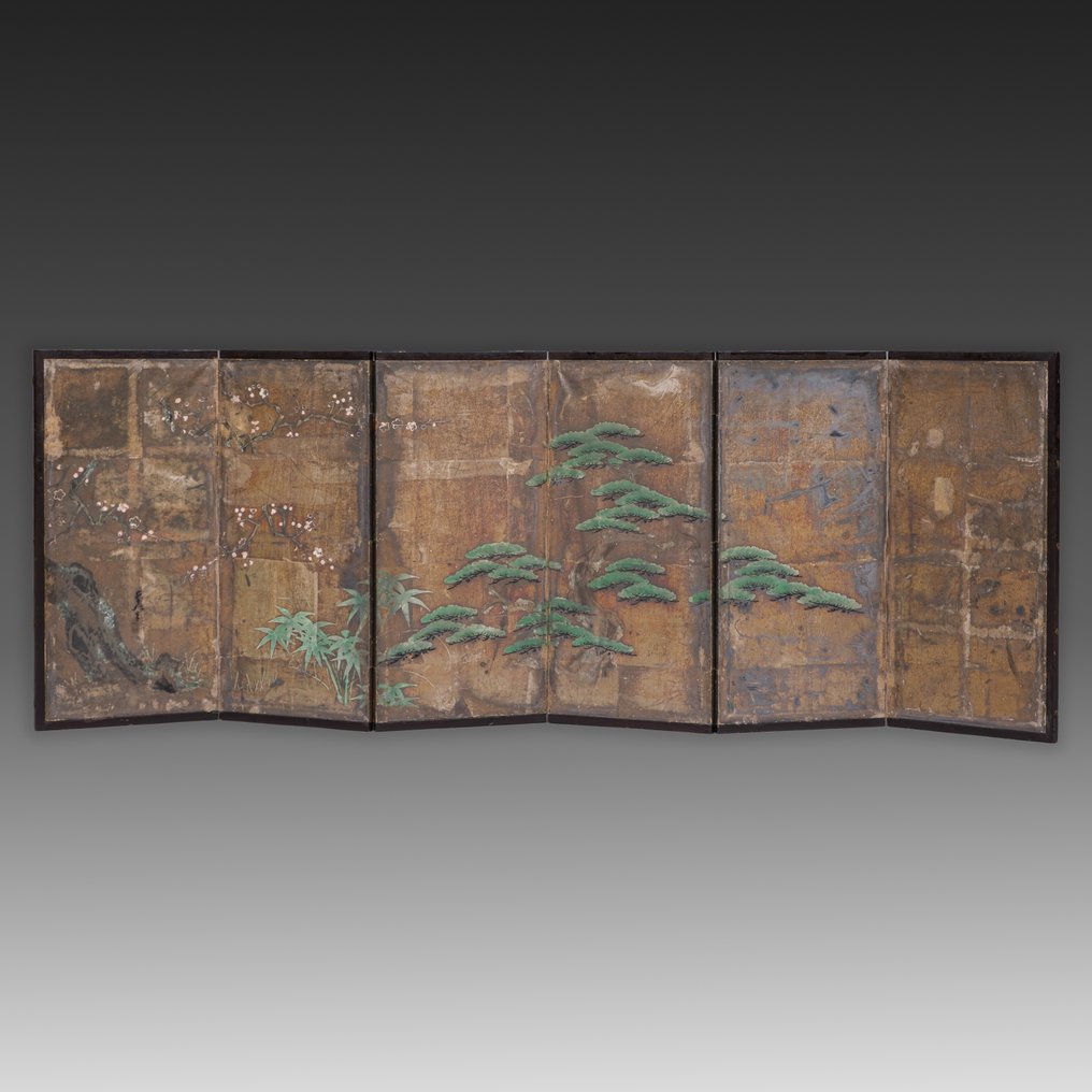 Hina’byôbu 雛屏風 (schermo pieghevole del festival delle bambole) - Carta, foglia d'argento, legno laccato. - Giappone - La seconda metà del periodo Edo (dal XVIII secolo alla prima metà del XIX secolo). #1.0