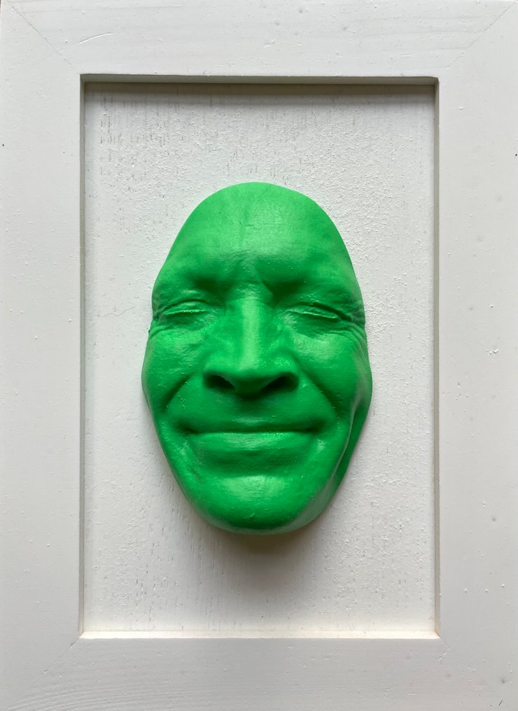 gregos - Small green light smile on white background-white frame #1.0