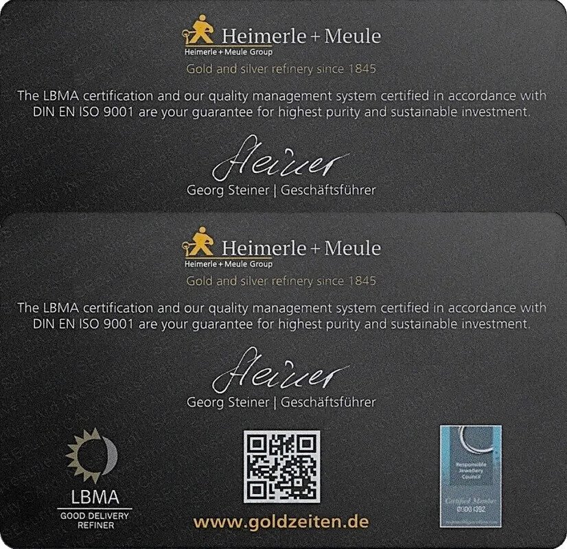 1 gram - Gold .999 - Heimerle + Meule, Germany - With certificate (No reserve price) #1.0