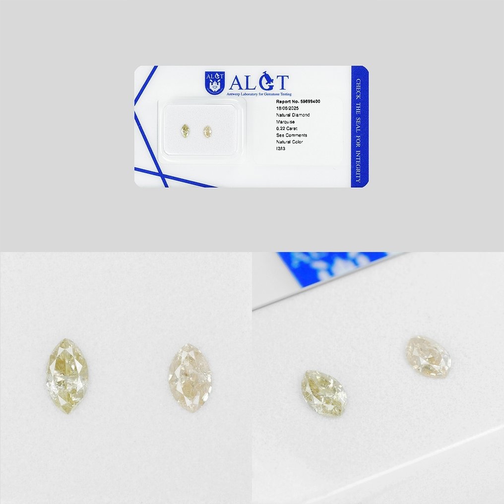 Senza prezzo di riserva - 2 pcs Diamante (Colorato naturale) - 0.22 ct - Marquise - Fancy Giallognolo, Marroncino Marrone, Giallo - I2, I3 - Antwerp Laboratory for Gemstone Testing (ALGT) #3.2