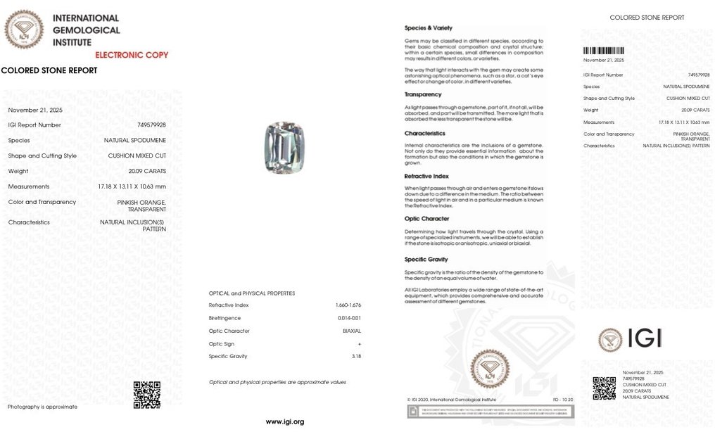 Ingen mindstepris - 1 pcs  Lyserød Kunzit  - 20.09 ct - International Gemological Institute (IGI) #2.1