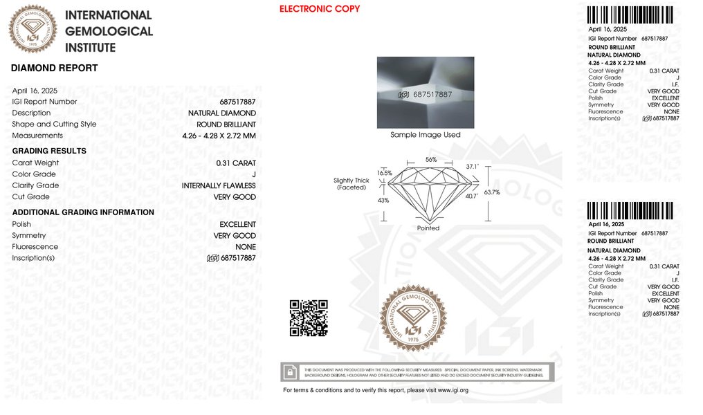Sem preço de reserva - 1 pcs Diamante (Natural) - 0.31 ct - Redondo - J - IF - International Gemological Institute (IGI) - *VG EX None* #2.1