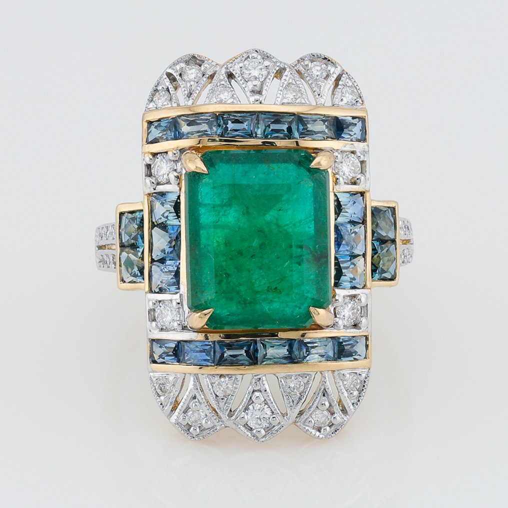 Bague - 14 carats Or jaune - 7.53ct. tw. Pierres précieuses variées - Diamant - Certificat GFCO #1.0