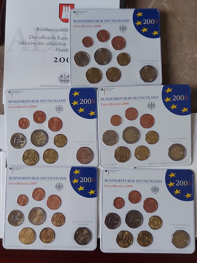 Saksa. Year Set (BU) 2008 "A,D,F,G,J" (5 sets) (Ei pohjahintaa) #1.0